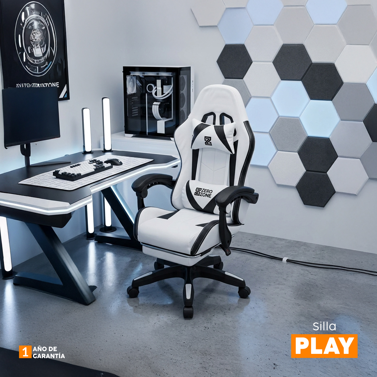 SILLA GAMER PLAY CON REPOSAPIÉS BLANCO/NEGRO BONNO - 9