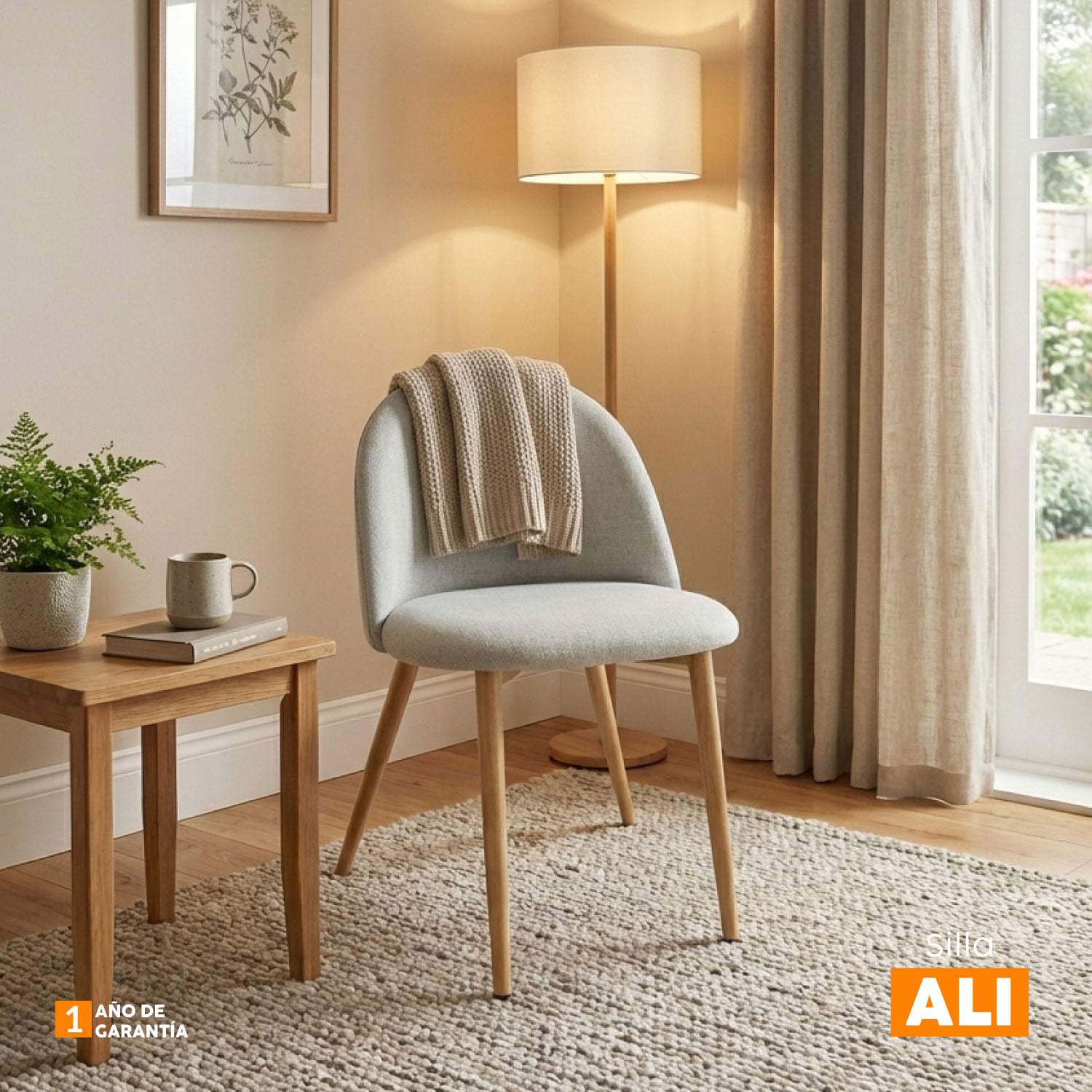 SILLA FIJA DE DISEÑO ALI TELA BEIGE BONNO - 7