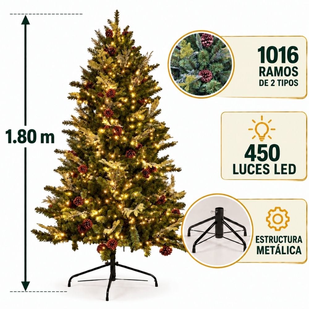 PINO ARTIFICIAL FLORIPA MAGIC 180CM -1016 RAMAS -450 LUCES INTEGRADAS NAVIDAD - 1