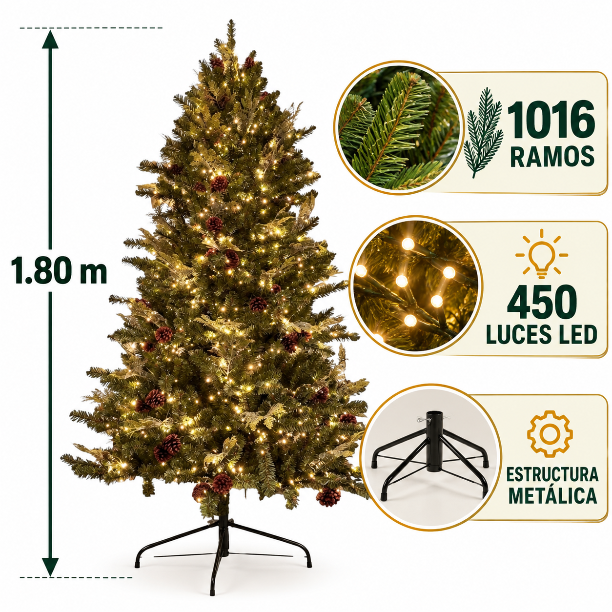 PINO ARTIFICIAL FLORIPA MAGIC 180CM -1016 RAMAS -450 LUCES INTEGRADAS NAVIDAD - 1