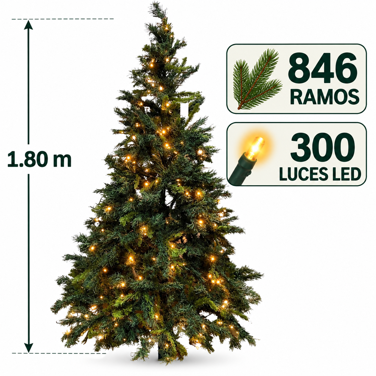 ÁRBOL TIPO PINO FLORIPA BPIN180LD DE 180CM 846 RAMAS 300 LUCES LED - 1