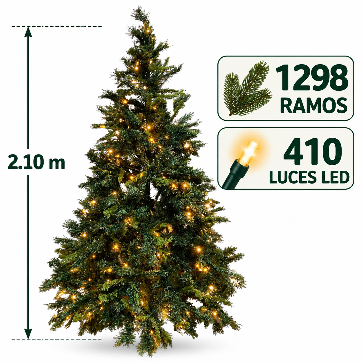ÁRBOL TIPO PINO FLORIPA BPIN210LD DE 210CM 1298 RAMAS 410 LUCES LED - 1