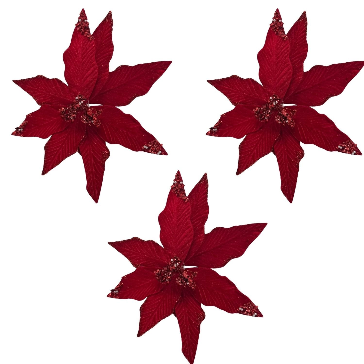 SET DE 3 FLORES NAVIDEÑAS TIPO CARDINAL ROJA CON BRILLO DE 40CM FN163  FLORIPASTORE - 1