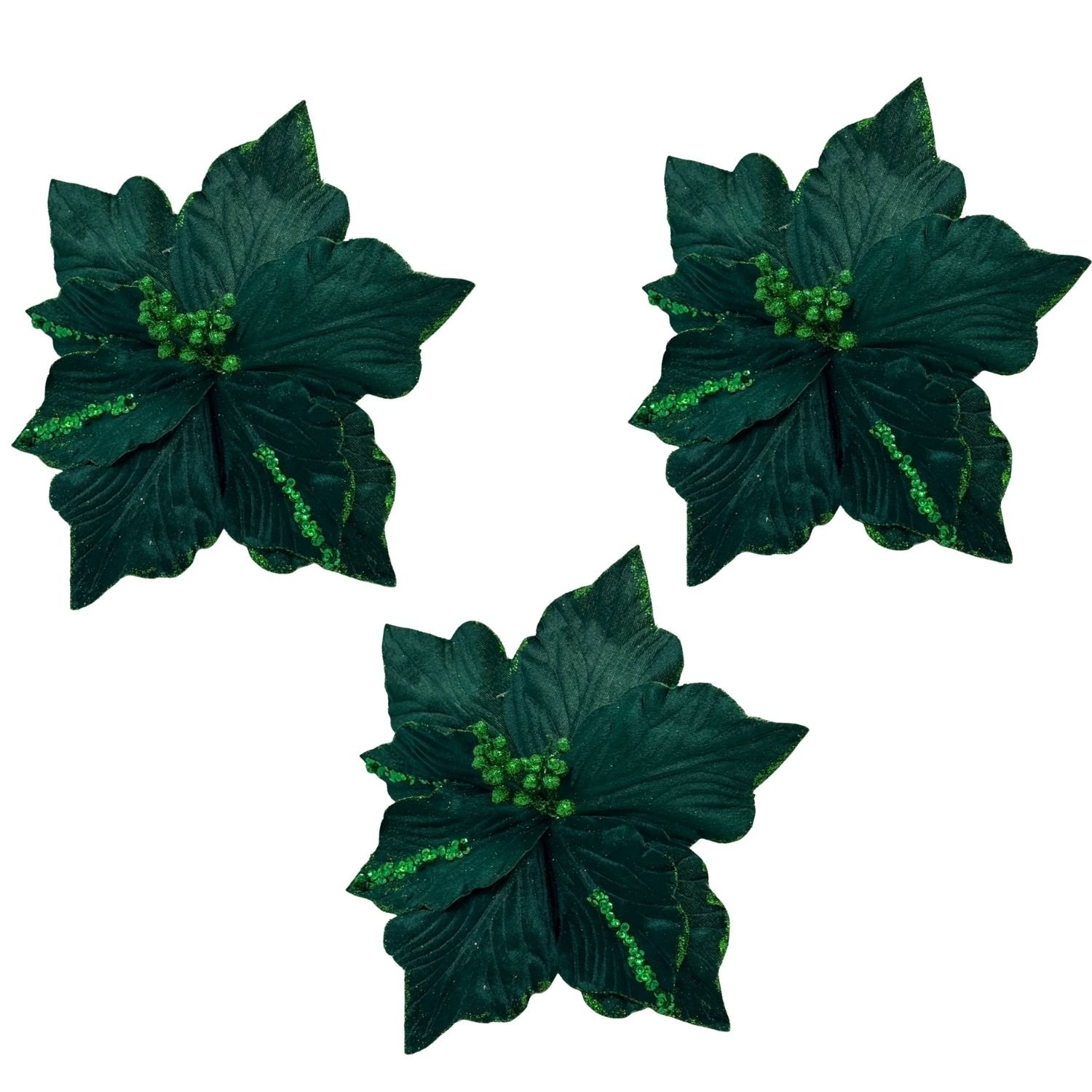SET DE 3 FLORES NAVIDEÑAS TIPO CARDINAL VERDE TERCIOPELADA DE 40CM FN177  FLORIPASTORE - 1