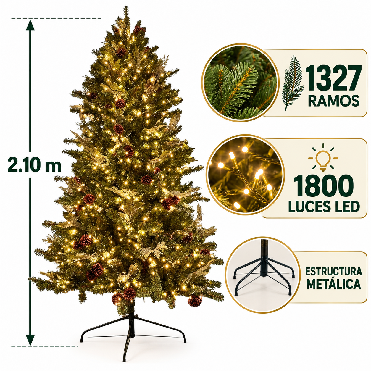 ÁRBOL DE NAVIDAD DE 210CM 1327 RAMAS Y1800 LUCES AMF210 FLORIPASTORE - 1
