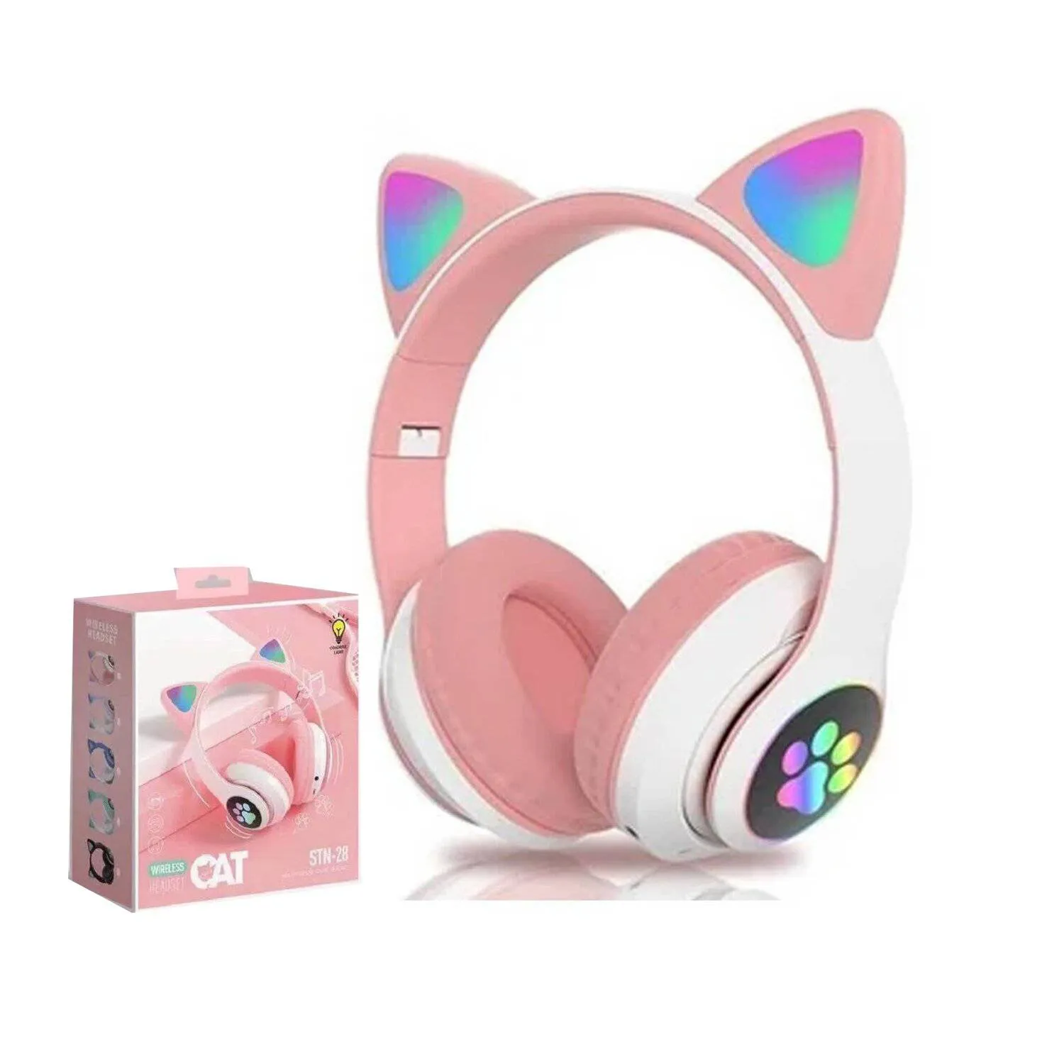 AUDÍFONOS STN-28BR BLUETOOTH GATO CON LUZ LED COLOR ROSADO - 2