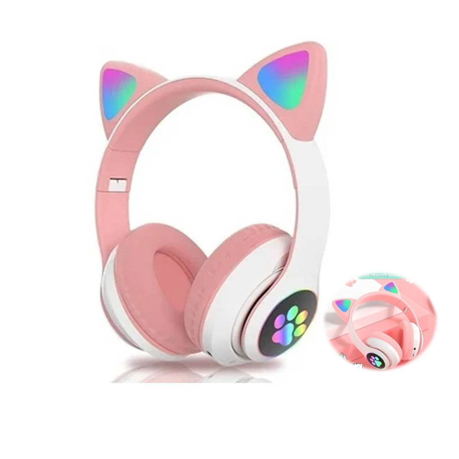 AUDÍFONOS STN-28BR BLUETOOTH GATO CON LUZ LED COLOR ROSADO - 4
