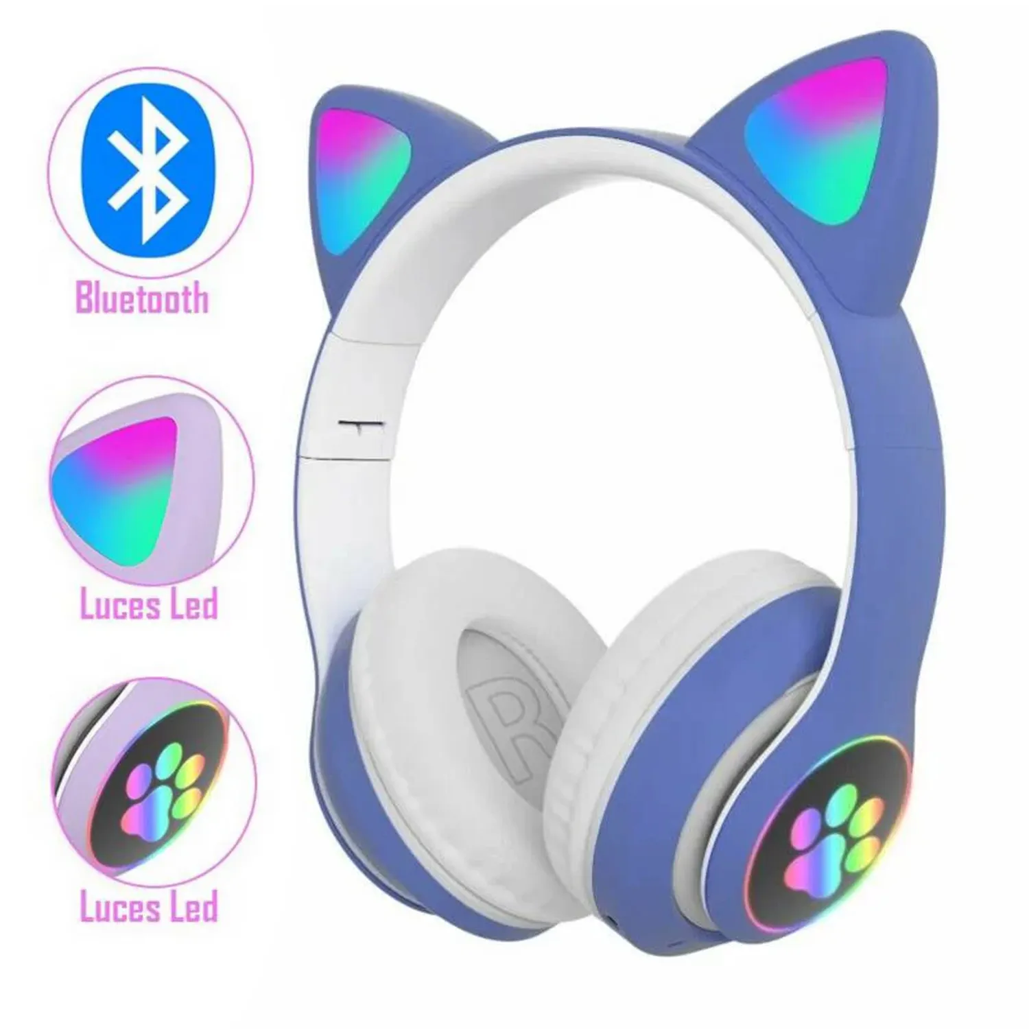 AUDÍFONOS STN-28A BLUETOOTH GATO CON LUZ LED COLOR AZUL - 1