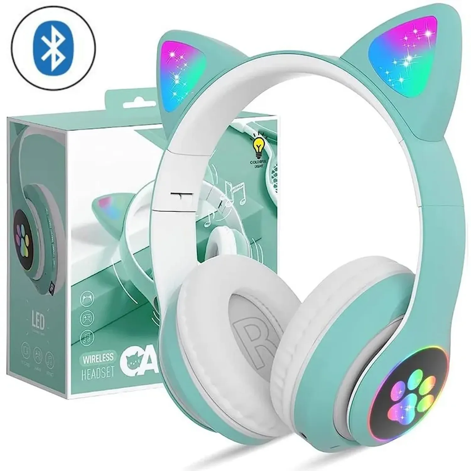 AUDÍFONOS STN-28BV BLUETOOTH GATO CON LUZ LED COLOR VERDE - 1