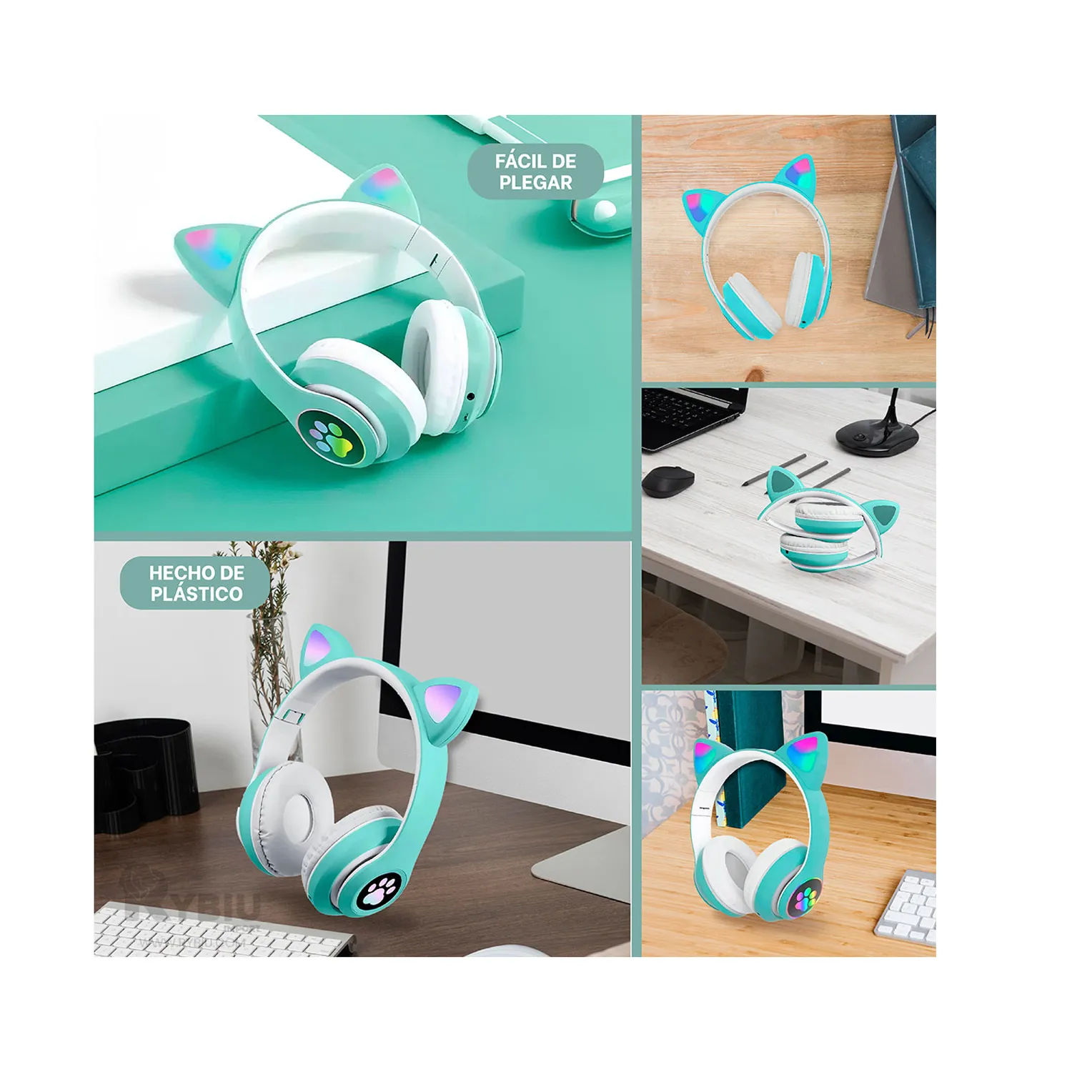 AUDÍFONOS STN-28BV BLUETOOTH GATO CON LUZ LED COLOR VERDE - 3