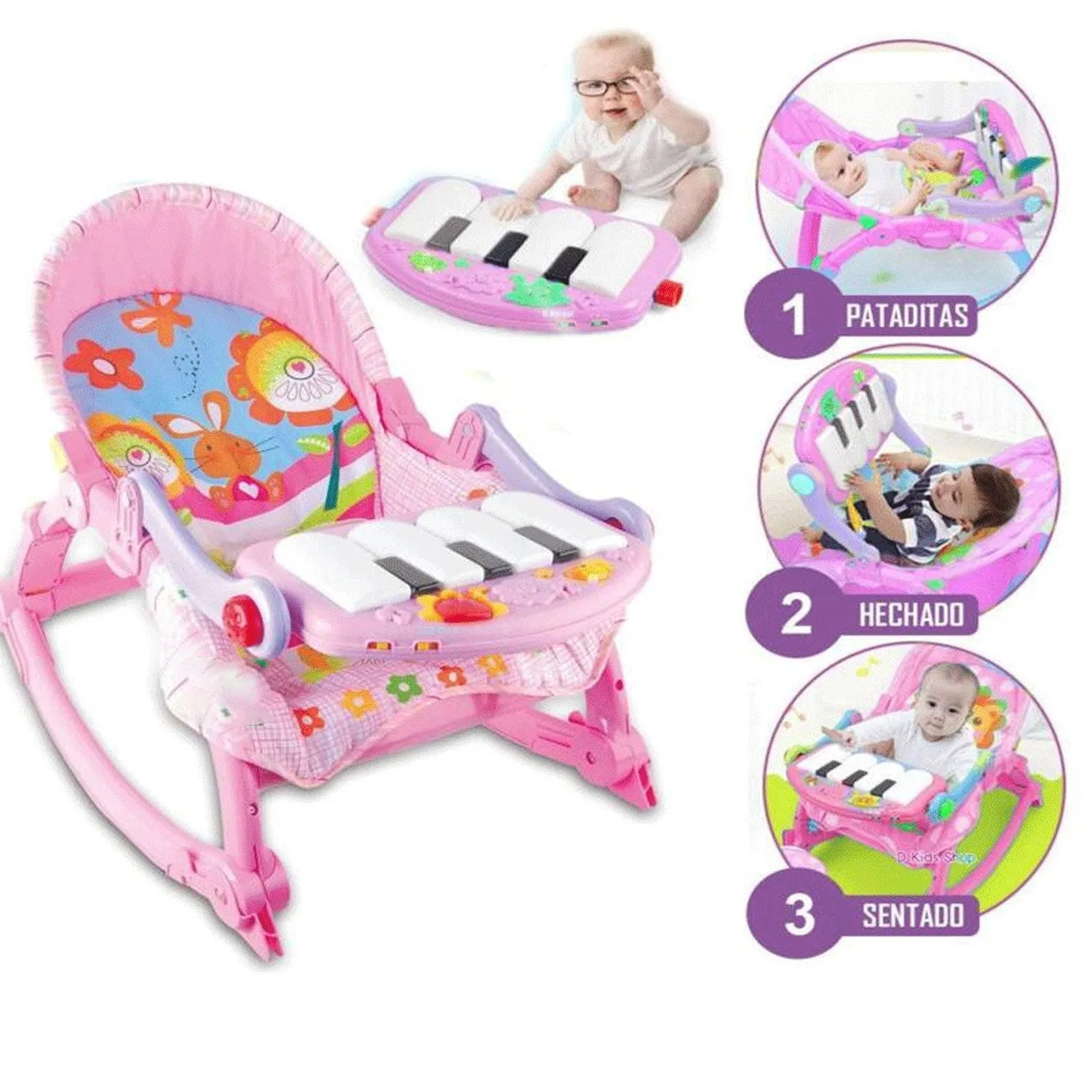 SILLA MECEDORA CON PIANO MUSICAL Y LUCES 3 EN 1 ROSADO - 1