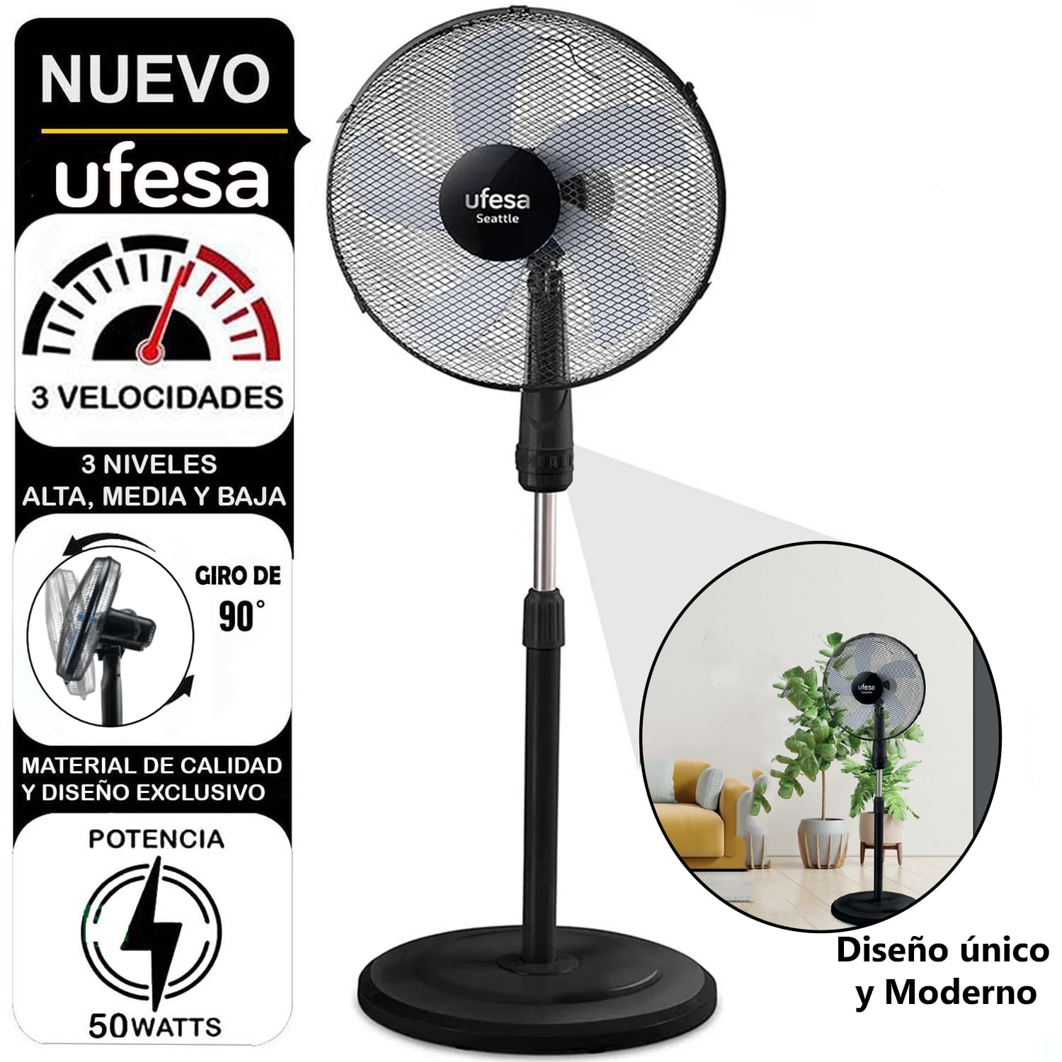 VENTILADOR DE PIE UFESA SEATTLE 50 WATTS PEDESTAL 16" - 1