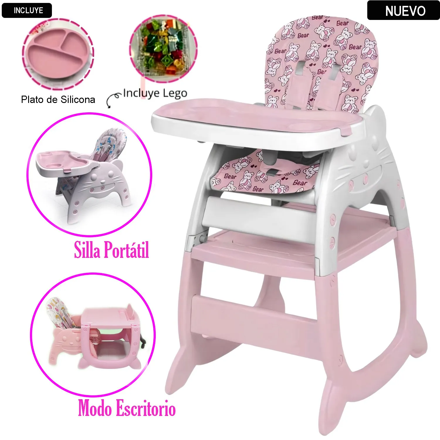 SILLA CARPETA HI BABY GATO 3 EN 1 ROSADO CON PLATO Y LEGO - 1