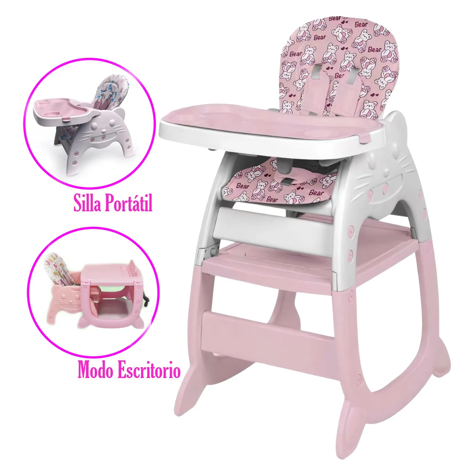 SILLA CARPETA HI BABY GATO 3 EN 1 ROSADO CON PLATO Y LEGO - 2