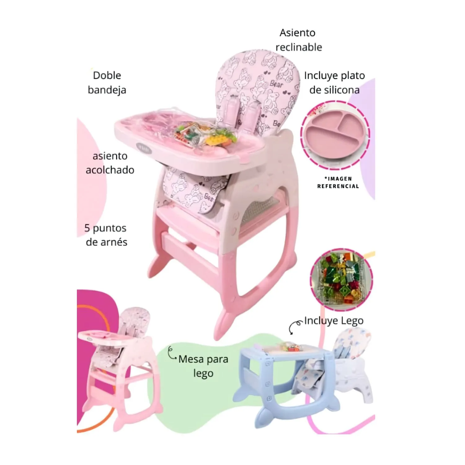 SILLA CARPETA HI BABY GATO 3 EN 1 ROSADO CON PLATO Y LEGO - 5