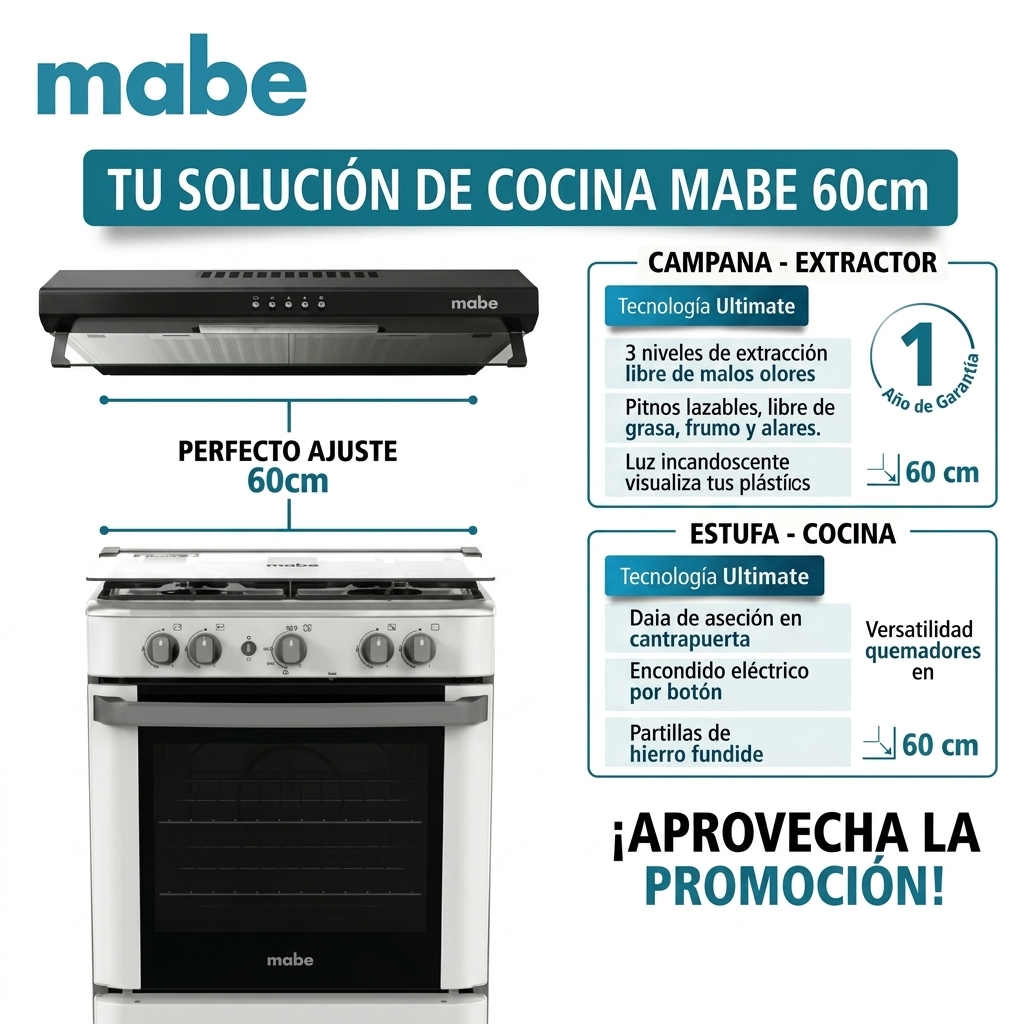 COCINA DE PISO A GAS 60CM SILVER MABE CMP6010FG1 + CAMPANA EXTRACTORA MABE CMU6020PB0 60 CM - 1