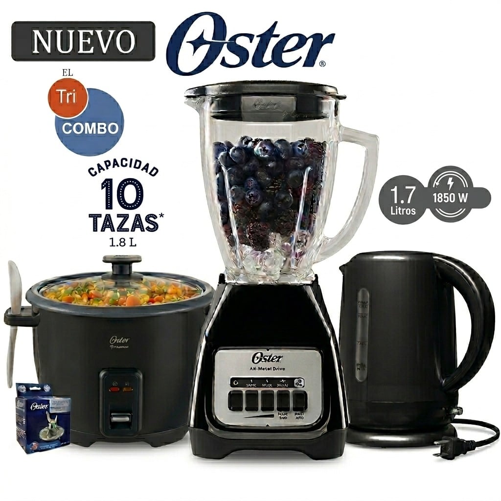 CUATRICOMBO OSTER OLLA ARROCERA CKSTRCB10DFBLK + LICUADORA BLSTKAGBPB + HERVIDOR 3101 + CUCHILLA - 1