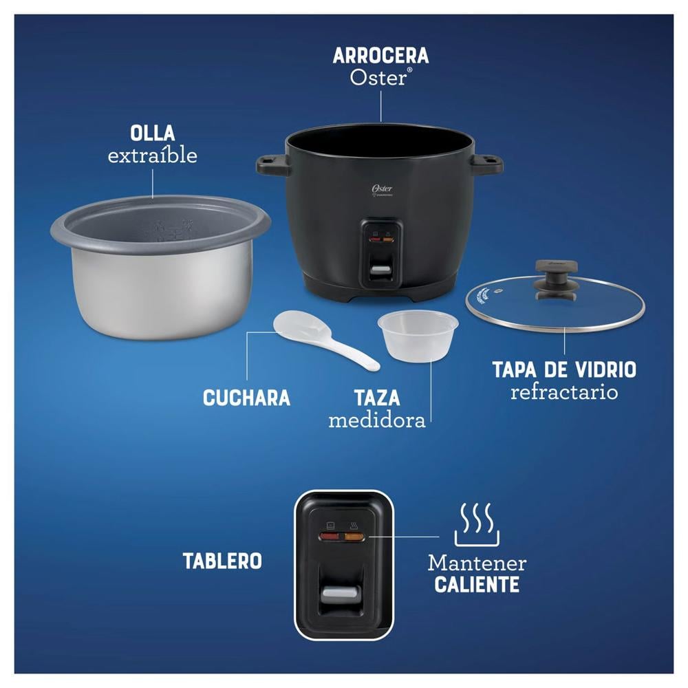 CUATRICOMBO OSTER OLLA ARROCERA CKSTRCB10DFBLK + LICUADORA BLSTKAGBPB + HERVIDOR 3101 + CUCHILLA - 5