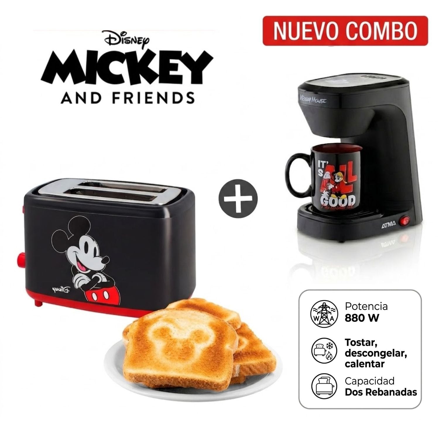 COMBO MICKEY TOSTADORA ELÉCTRICA ATMA DISNEY 880W + CAFETERA ELÉCTRICA ATMA DISNEY CON TAZA DE MICKEY - 1