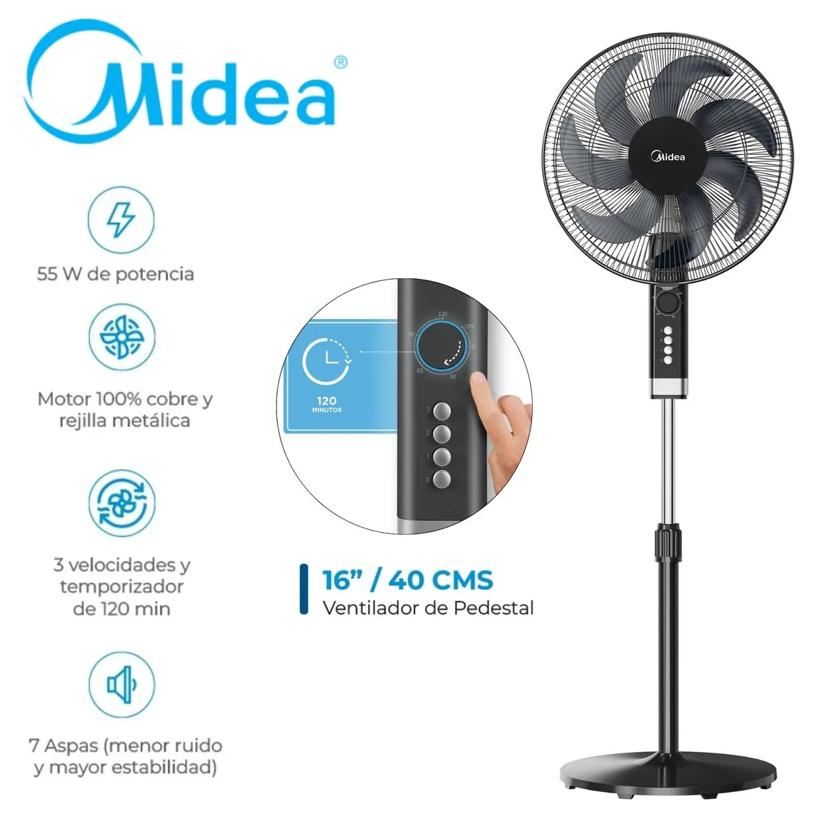 VENTILADOR CON TEMPORIZADOR 120 MIN MIDEA MFA164MB CON AIRE AMPLIFICADO 7 ASPAS - 1
