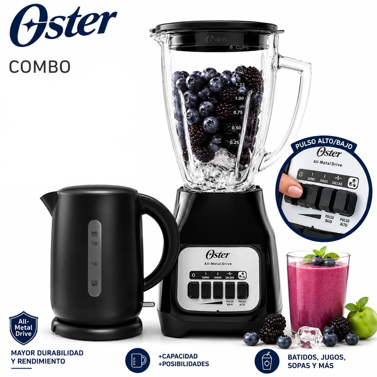 COMBO LICUADORA OSTER 2 VELOCIDADES MAS PULSO BLSTKAG BPB +HERVIDOR - 1
