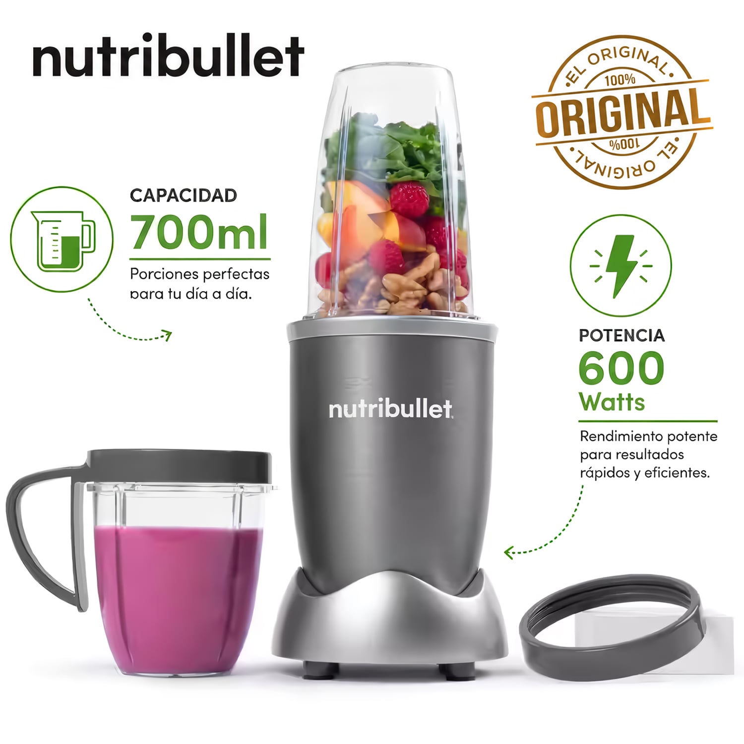 LICUADORA PORTÁTIL NUTRIBULLET 600 PARA SMOOTHIES Y BATIDOS 700ML GRIS - 1