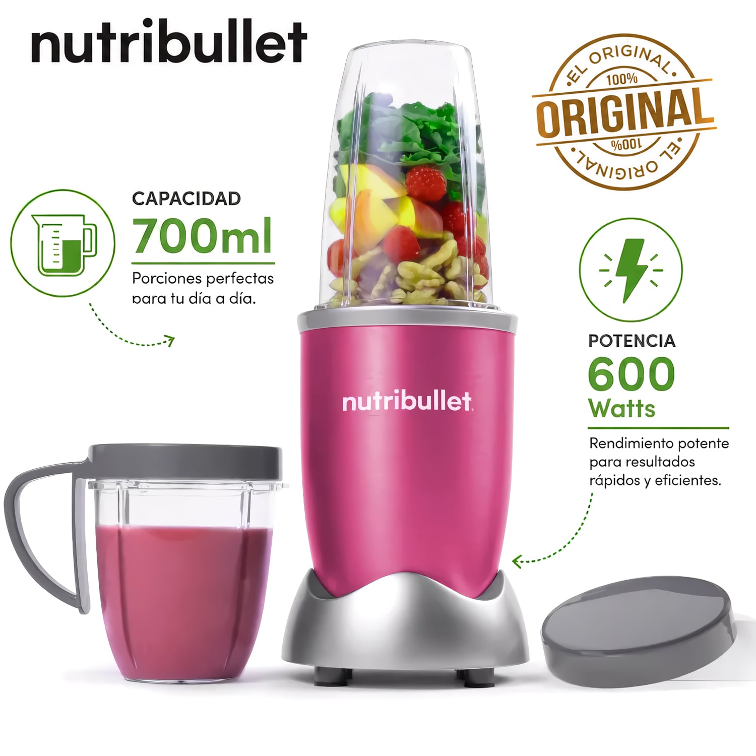 LICUADORA PORTÁTIL NUTRIBULLET 600 PARA SMOOTHIES Y BATIDOS 700ML FUCSIA - 1