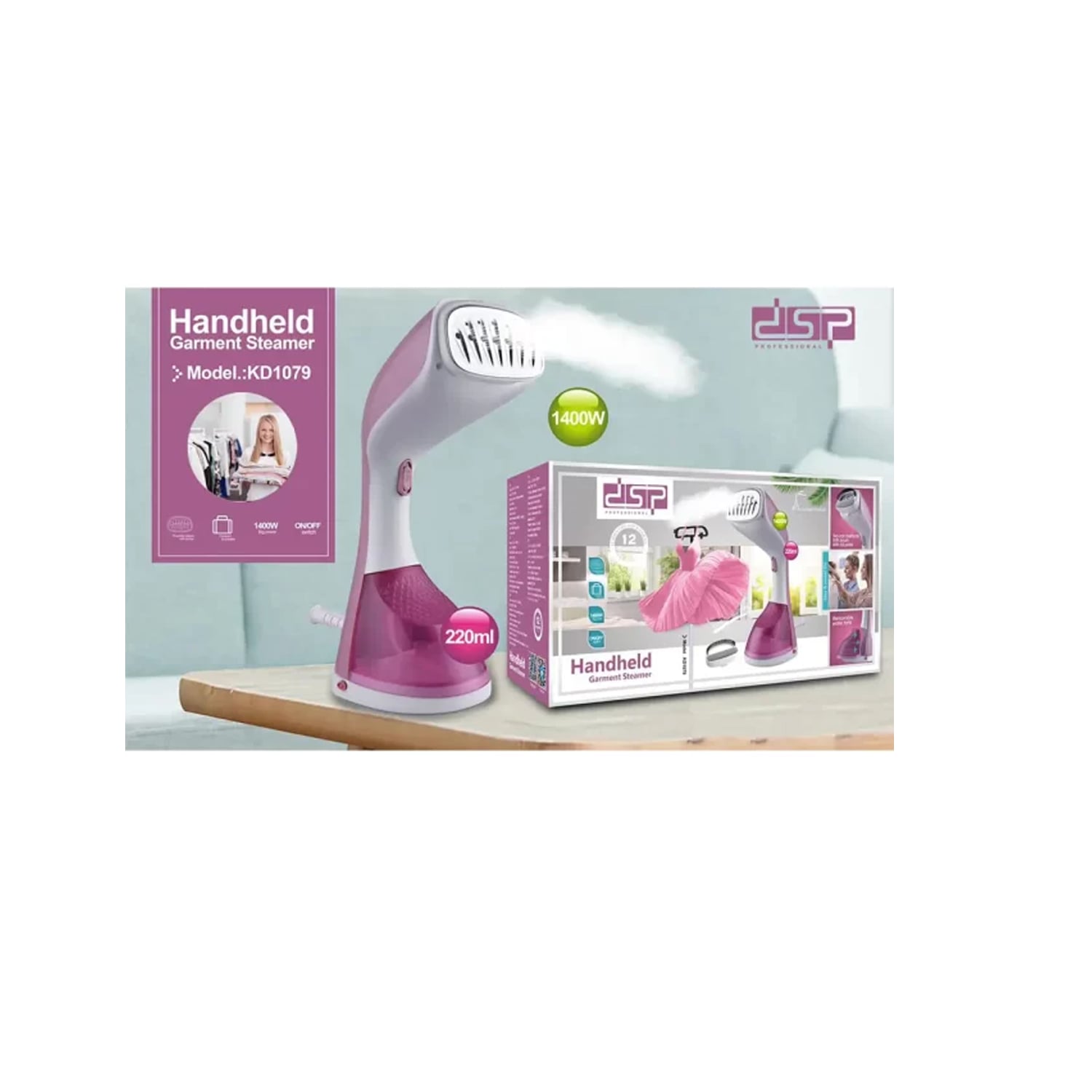 VAPORIZADOR DE PRENDAS DSP KD1079 1400 WATTS ROSADO - 4