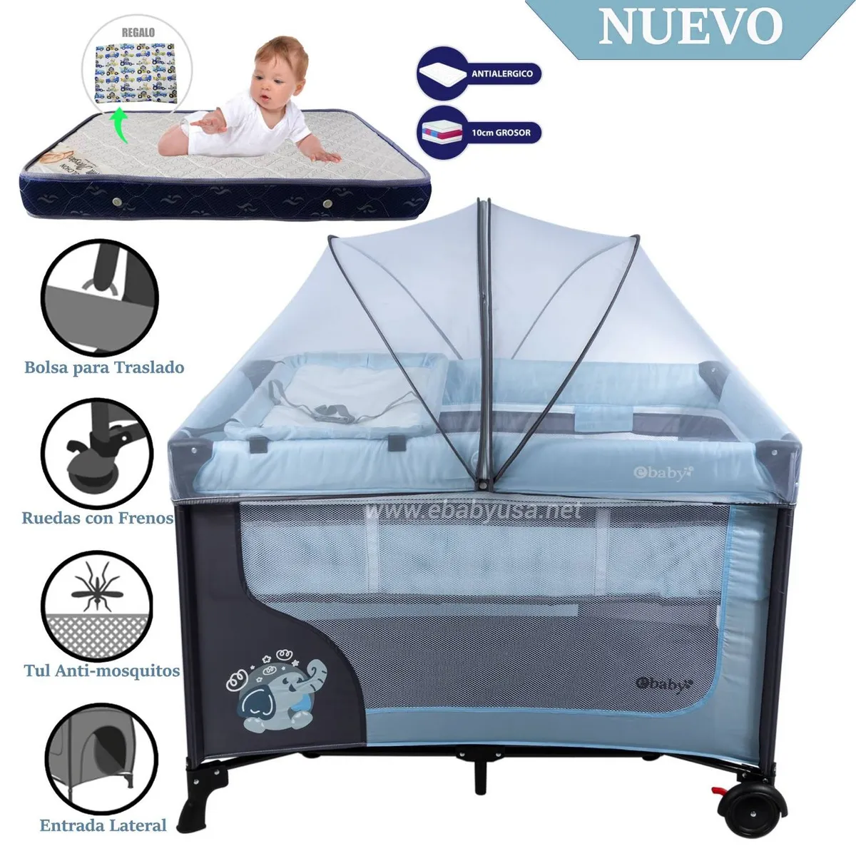 CUNA CORRAL EBABY CON CAMBIADOR HAPPY DREAM CELESTE-COLCHÓN - 1