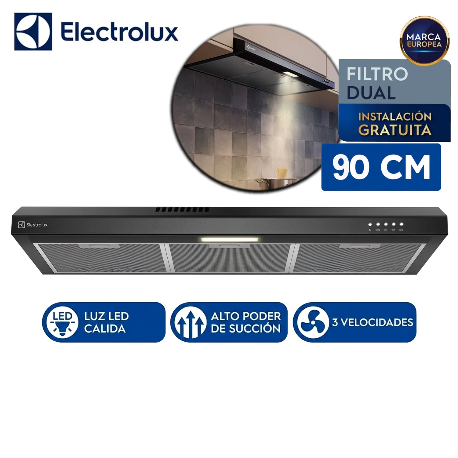 CAMPANA EXTRACTORA ELECTROLUX 90CM ALTO PODER DE SUCCIÓN E ILUMINACIÓN LED NEGRA DE9SB - 1