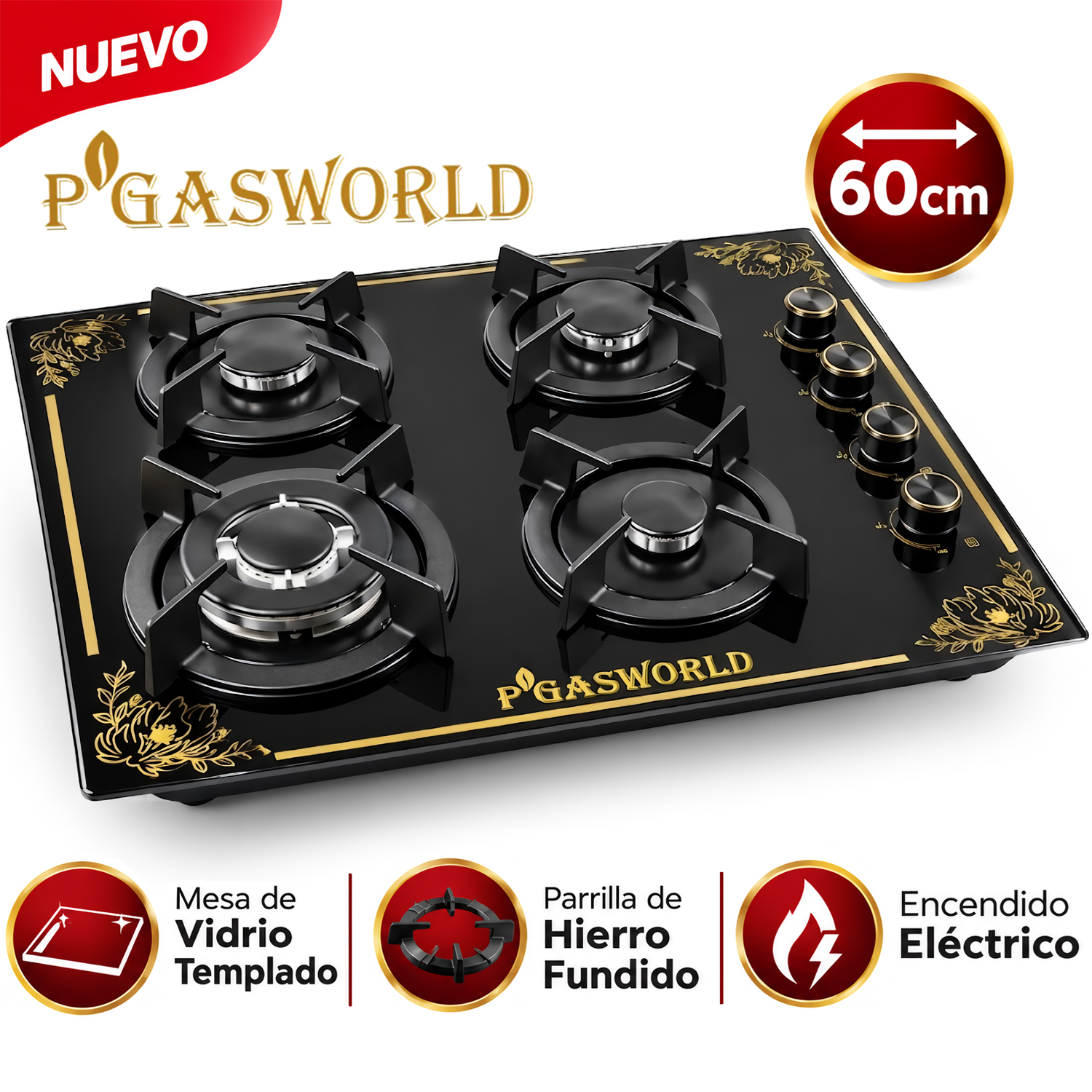 COCINA EMPOTRABLE PGAS 4 QUEMADORES VIDRIO TEMPLADO 60CM - 1