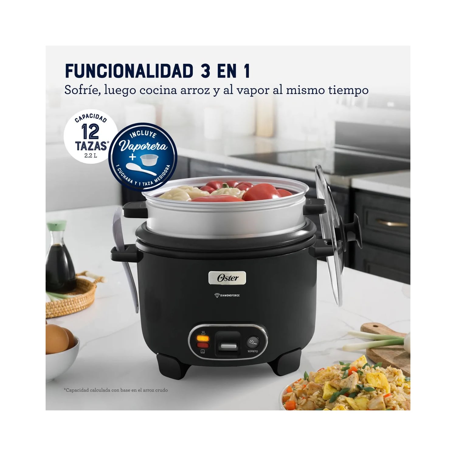 OLLA ARROCERA OSTER 12 TAZAS 3 EN 1 FUNCIÓN DE SOFRITO VAPORERA NEGRO - 4