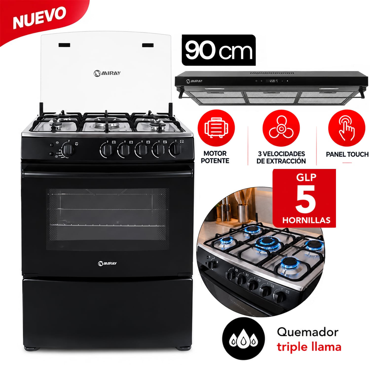 COMBO MIRAY COCINA A GAS GIRASOL PLUS GLP 5 HORNILLAS +CAMPANA 90CM INOX - 1