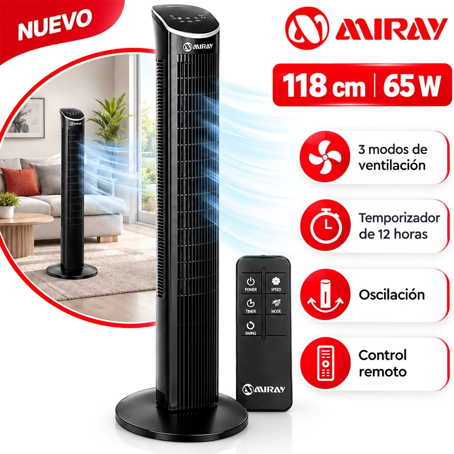 VENTILADOR TORRE MIRAY CON CONTROL 118 CM VMTT-VITA - 1