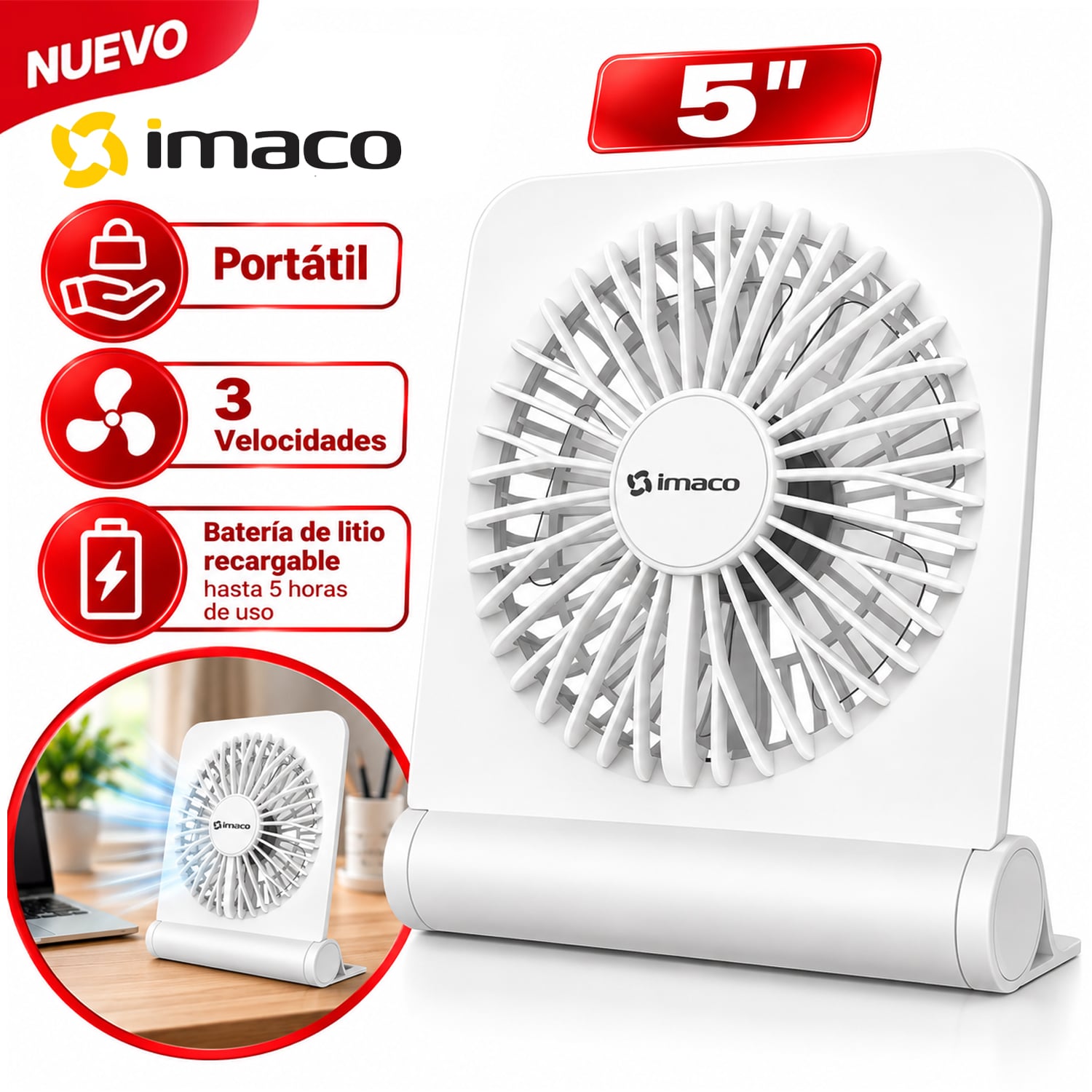 VENTILADOR DE ESCRITORIO 5 USB RECARGABLE IMACO RF0504 - 1