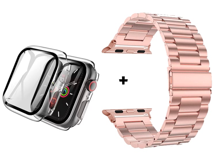 CORREA METALICA ESLABON PARA APPLE WATCH 42MM ROSA + BUMPER CON VIDRIO TRANSPARENTE - 1