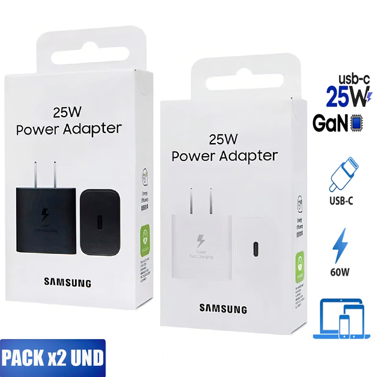 PACK X2 ADAPTADORES 25W GAN SIN CABLE CARGADOR NEGRO Y BLANCO - 1