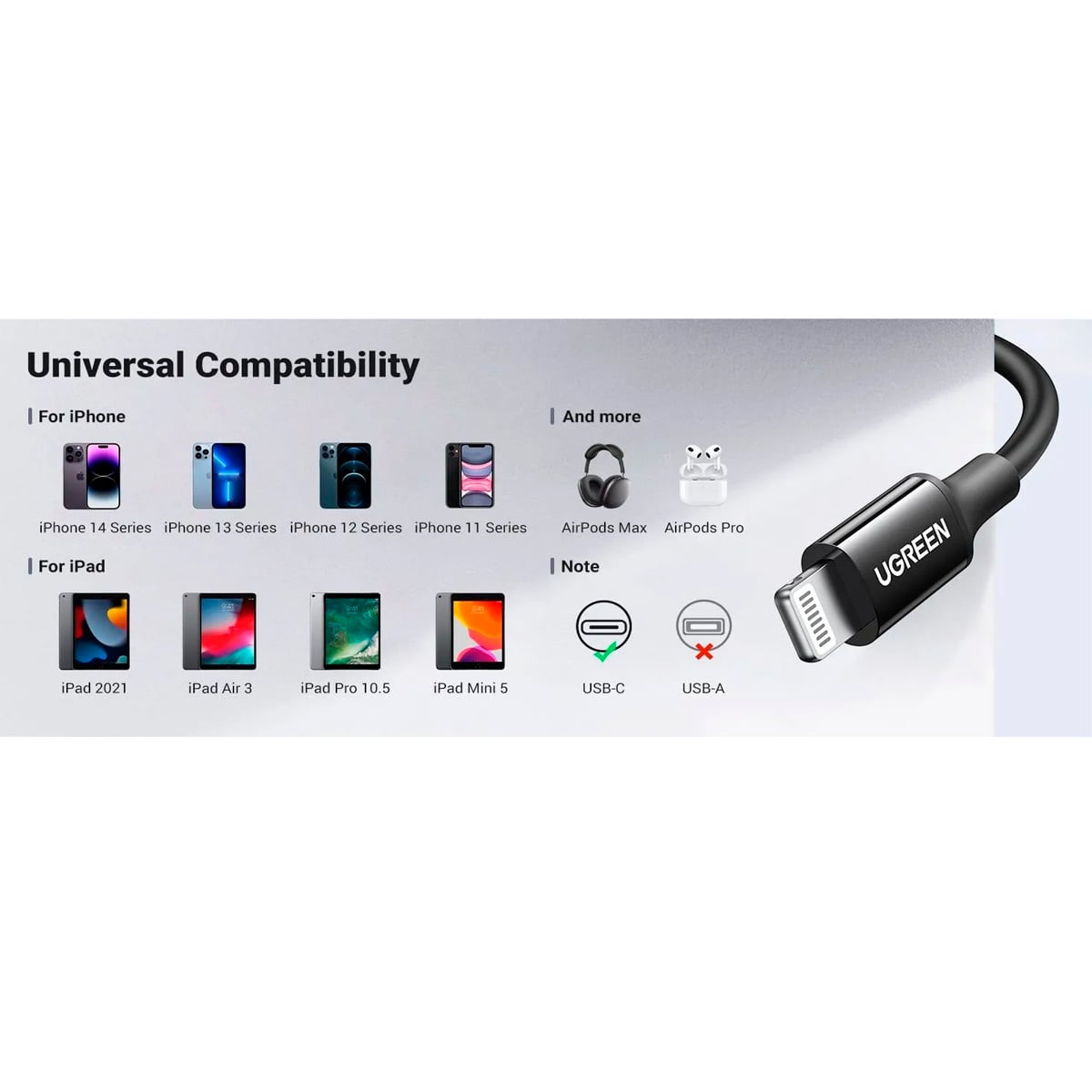 CABLE UGREEN CARGA RAPIDA USB-C A LIGHTNING 1M NEGRO - 5