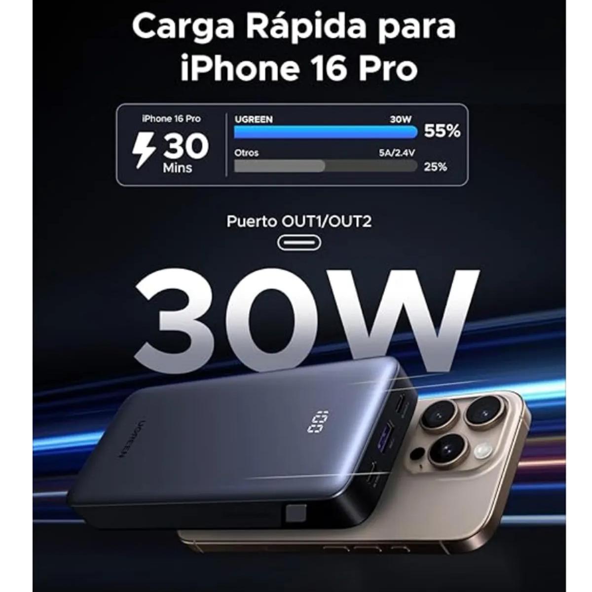 POWER BANK UGREEN 20000MAH 30W CARGA RÁPIDA PANTALLA DIGITAL PB532 / 55989B - 5