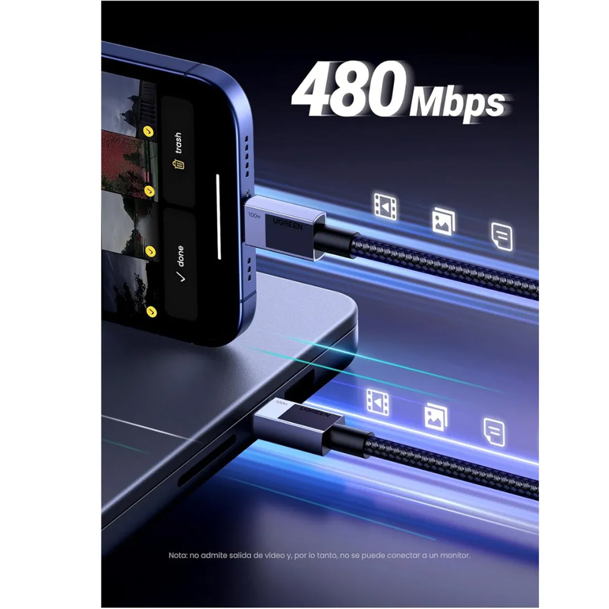 CABLE USB-C A USB-C UGREEN L512 CARGA RÁPIDA 100W TRENZADO 2M - 3