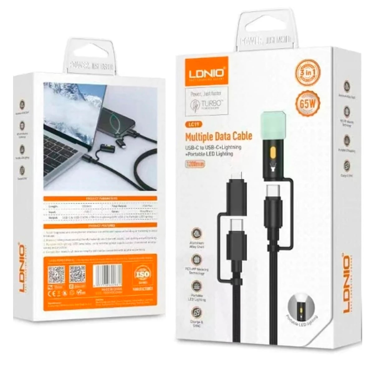 CABLE LDNIO LC19 MÚLTIPLE CON MINI LINTERNA LED 65W USB-C TO C Y LIGHTING - 5