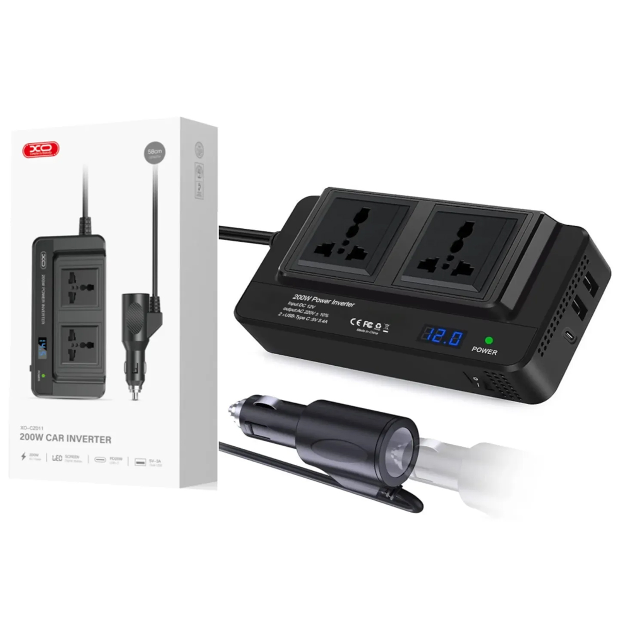 CARGADOR INVERSOR CORRIENTE AUTO 12V A 220V 200W SALIDA C Y USB - 2