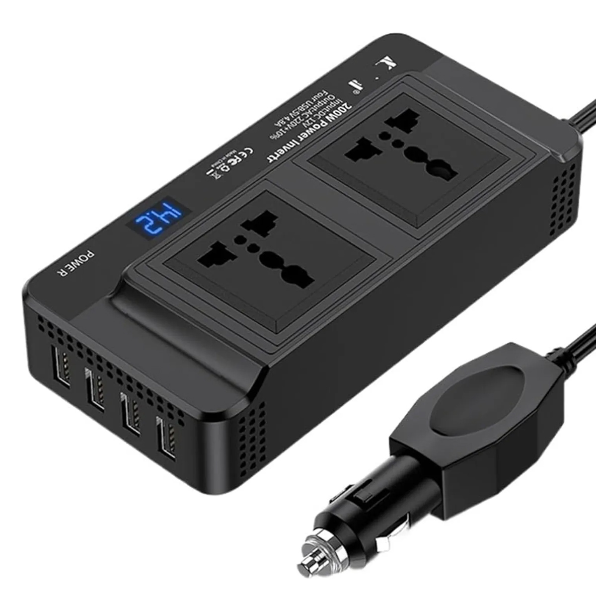 CARGADOR INVERSOR CORRIENTE AUTO 12V A 220V 200W SALIDA C Y USB - 5