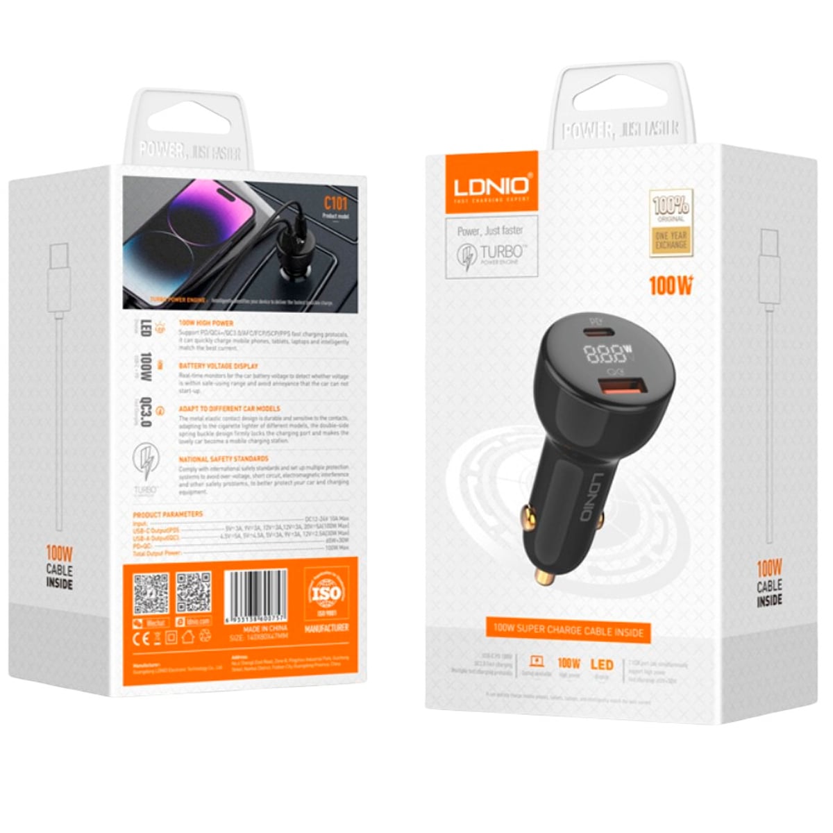 CARGADOR DE AUTO 100W LDNIO C101 CARGA RÁPIDA + CABLE TIPO-C A C - 5