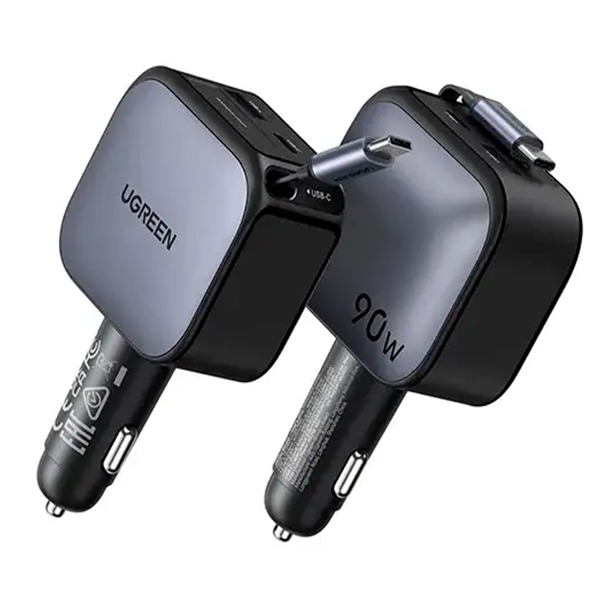 CARGADOR DE AUTO UGREEN EC603 NEXODE 90W CON CABLE RETRACTIL GRIS - 3