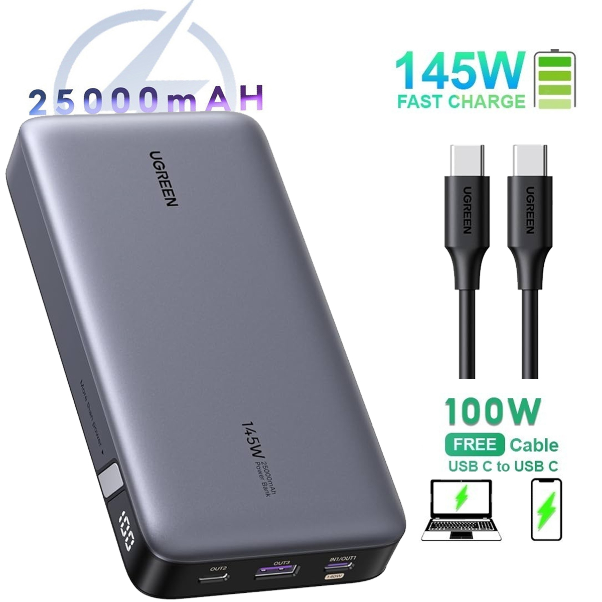 CARGADOR POWERBANK 25000MAH 145W NEXODE UGREEN PB205 / 90597A - 1