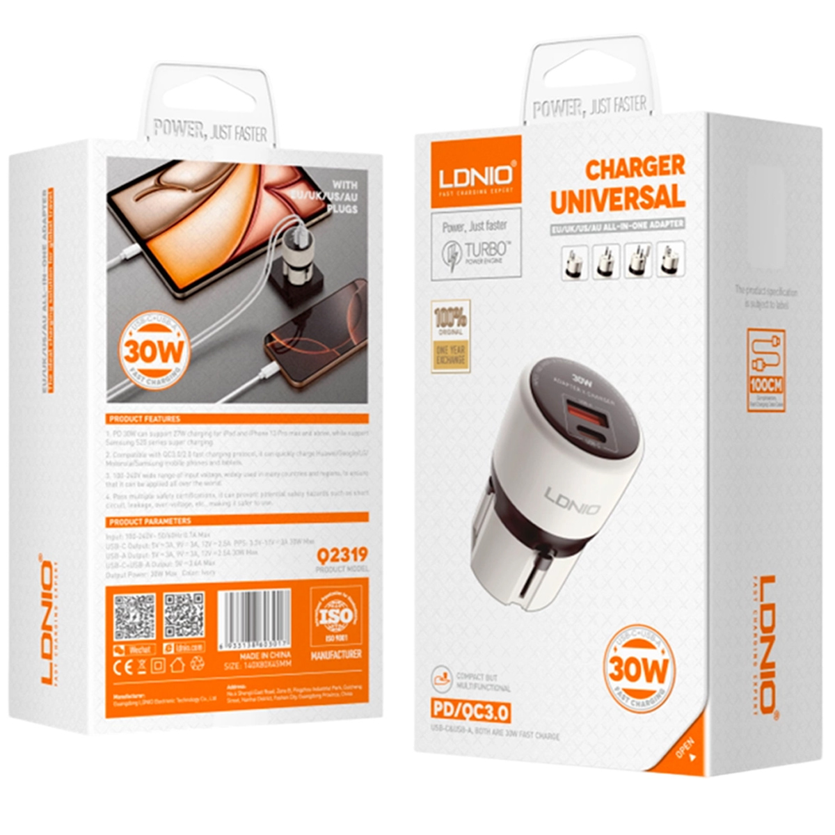 CARGADOR LDNIO Q2319 DE 30W 2 PUERTOS USB-A+USB-C GAN TECH BLANCO - 4
