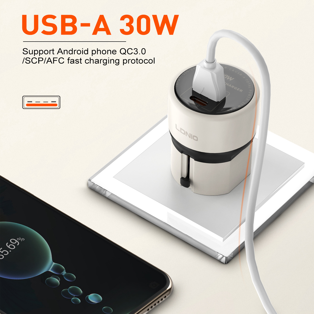 CARGADOR LDNIO Q2319 DE 30W 2 PUERTOS USB-A+USB-C GAN TECH BLANCO - 5