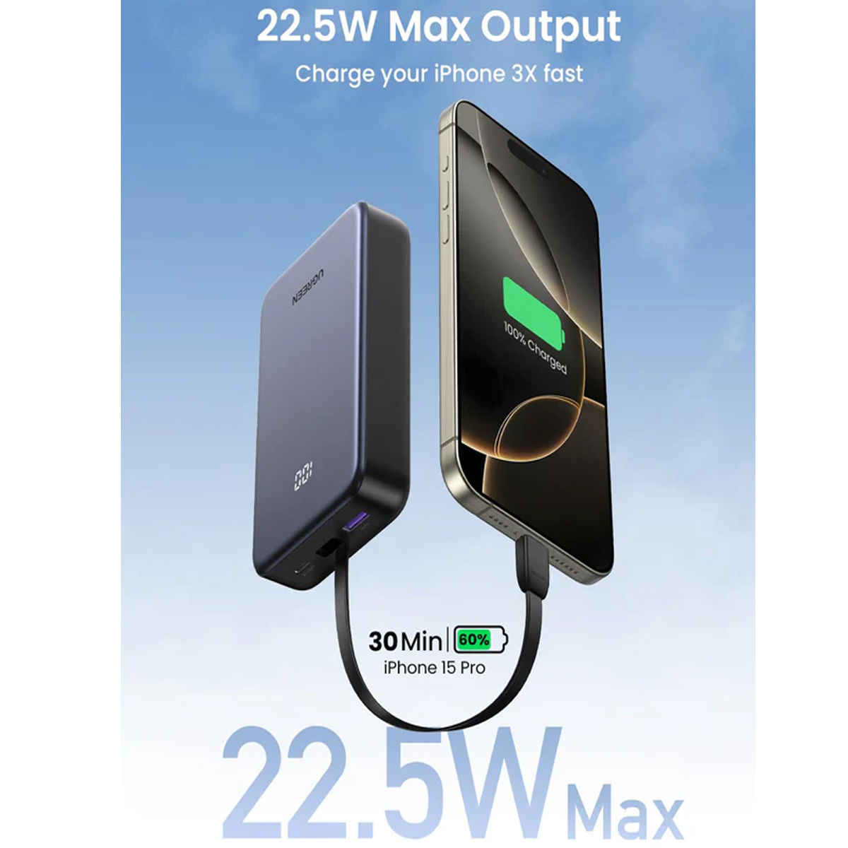 POWER BANK UGREEN 20000 MAH Y 22.5W CON CABLE USB-C INTEGRADO PB505 - 6