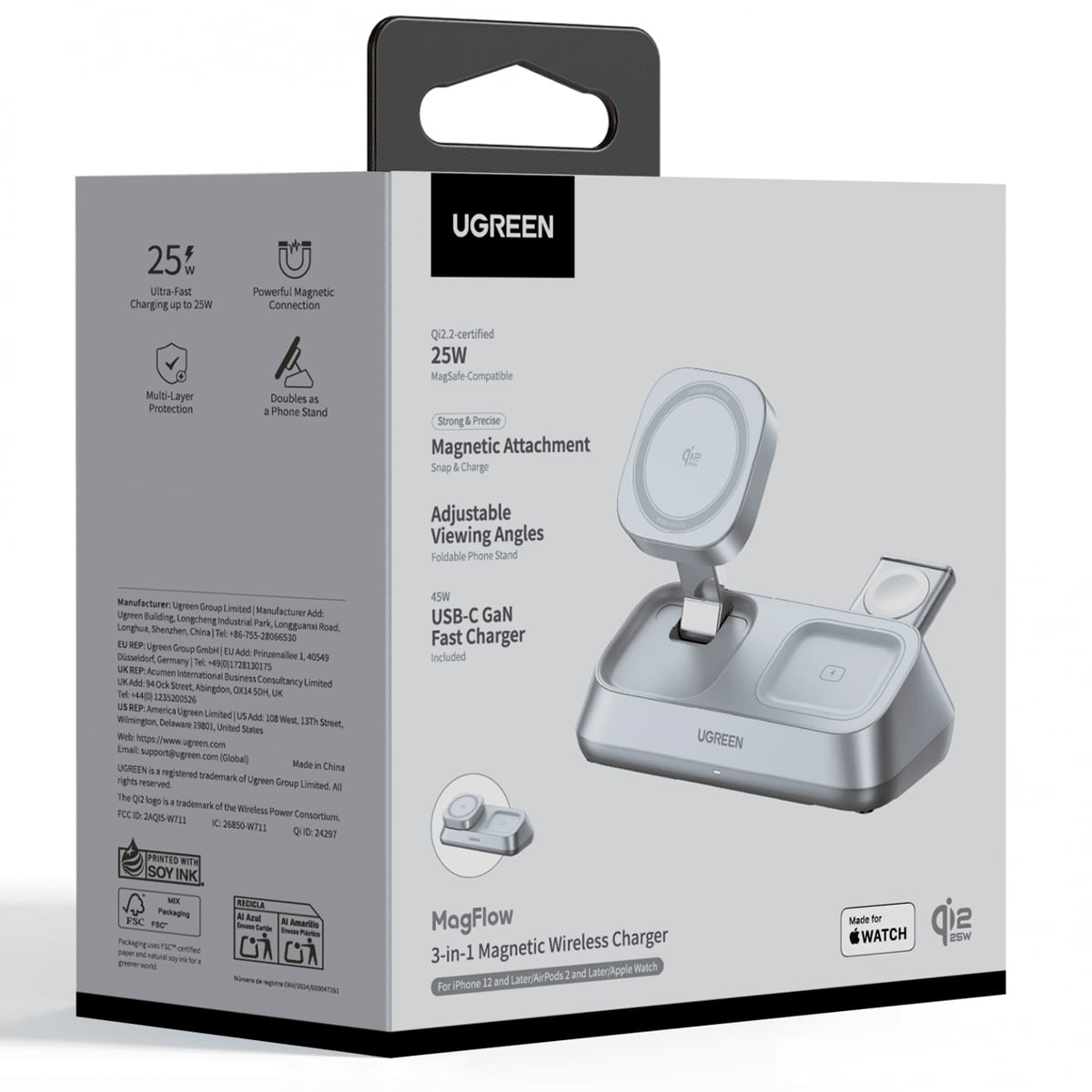 BASE DE CARGA INALÁMBRICO UGREEN W711 25W QI2 3-IN-1 MAGFLOW - 2